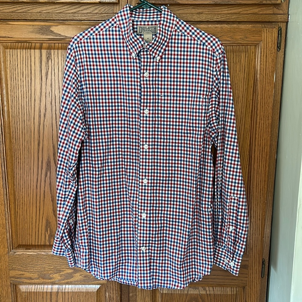 Duluth Trading Wrinklefighter Relaxed Fit Button Down Shirt Gingham